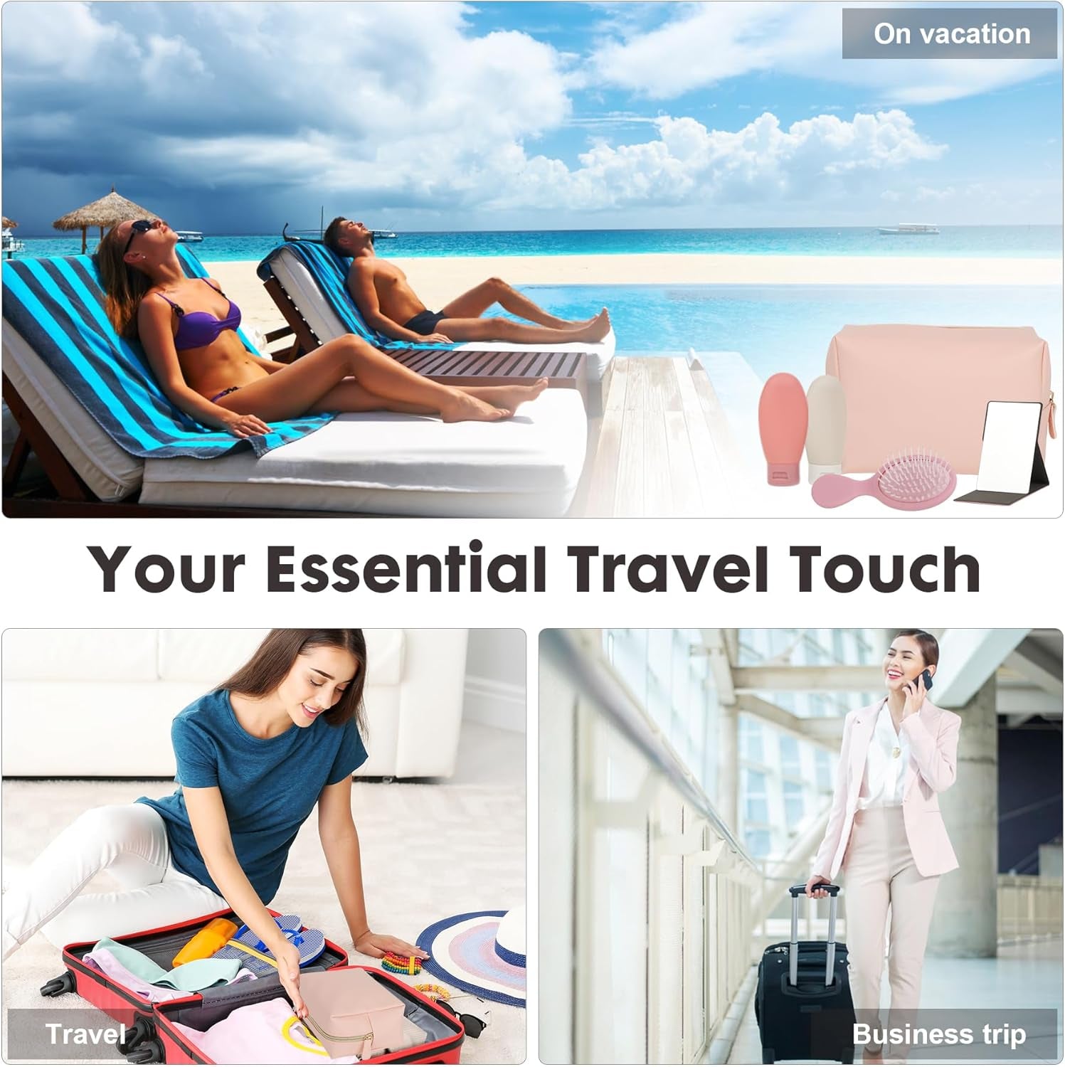 All-In-One Travel Kit: Premium 12-Piece Travel Kit in Stylish Pink Cosmetic Bag - Perfect for Holidays, TSA Approved (Standard Bag)