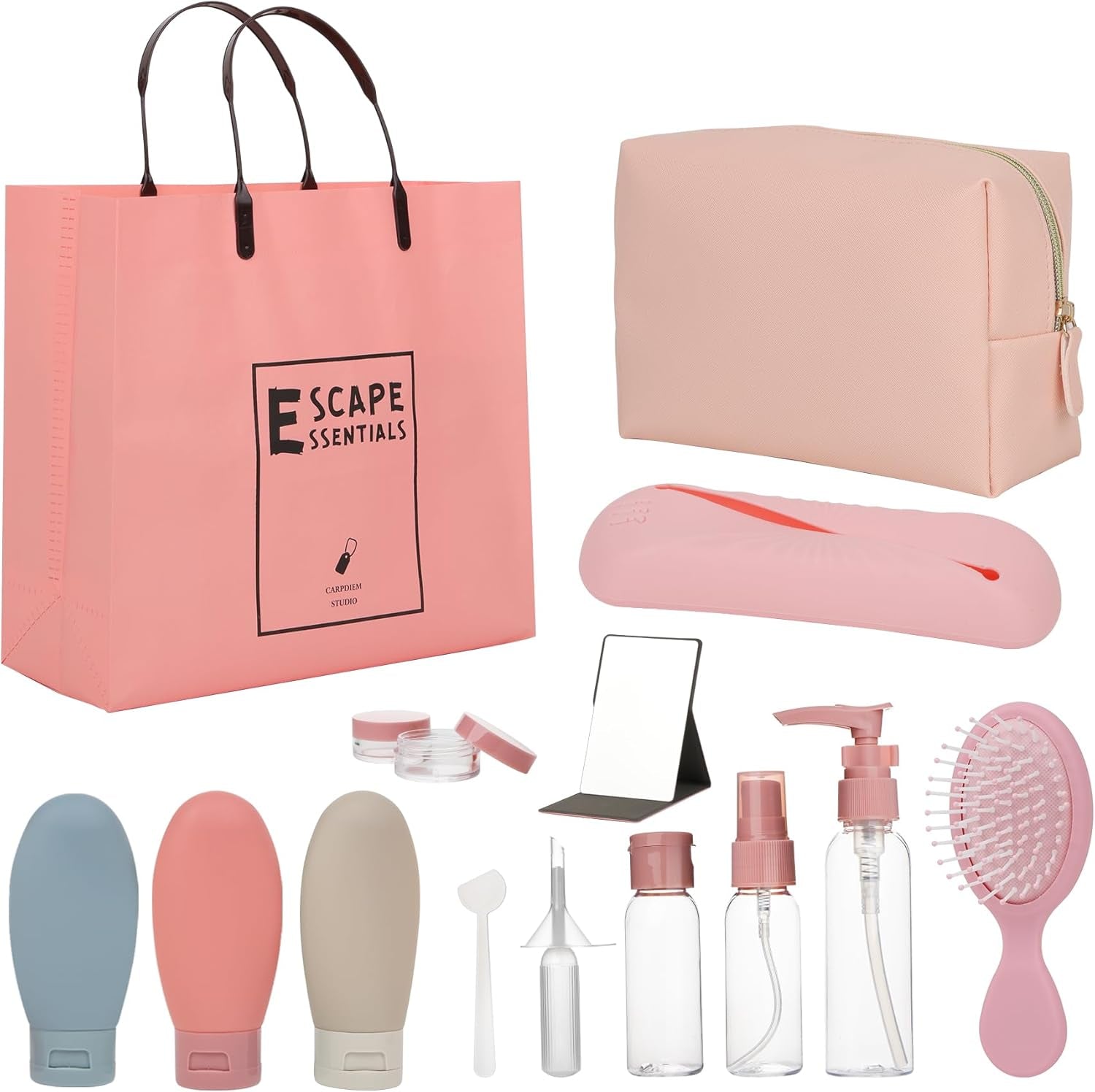 All-In-One Travel Kit: Premium 12-Piece Travel Kit in Stylish Pink Cosmetic Bag - Perfect for Holidays, TSA Approved (Standard Bag)