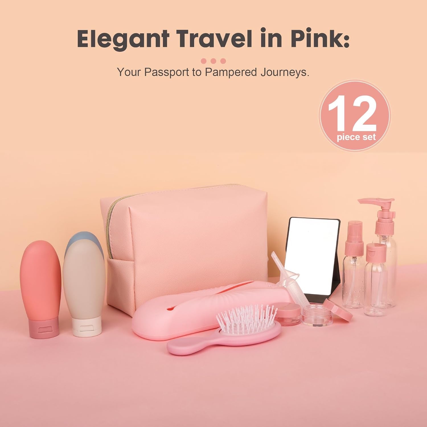 All-In-One Travel Kit: Premium 12-Piece Travel Kit in Stylish Pink Cosmetic Bag - Perfect for Holidays, TSA Approved (Standard Bag)