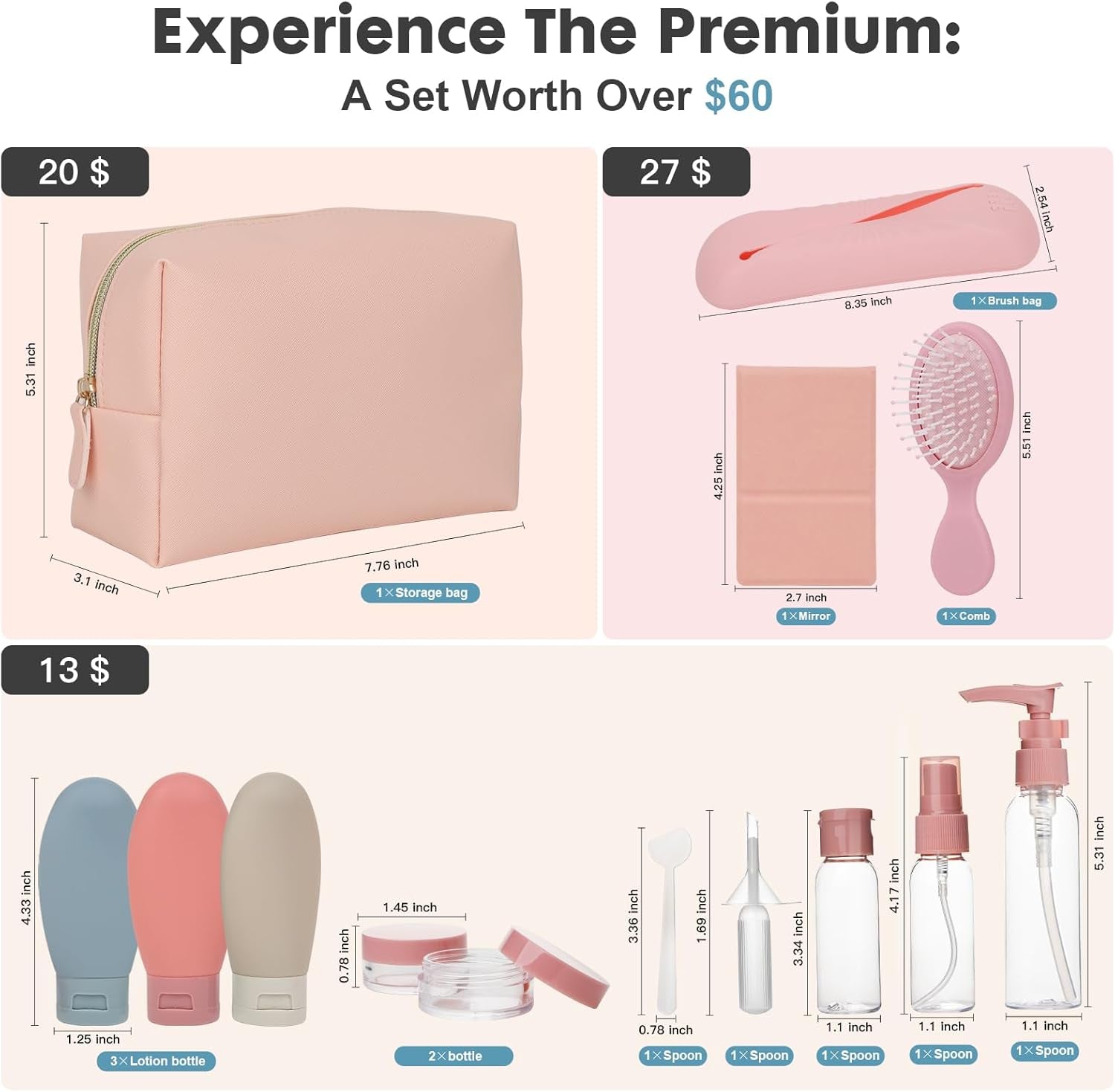 All-In-One Travel Kit: Premium 12-Piece Travel Kit in Stylish Pink Cosmetic Bag - Perfect for Holidays, TSA Approved (Standard Bag)